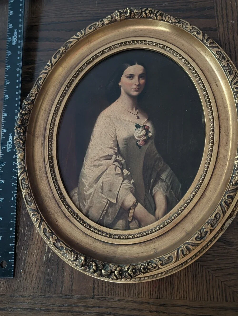 Vintage Victorian Lady Portrait Ornate Oval Gold Frame Cottagecore Wall Art 16”